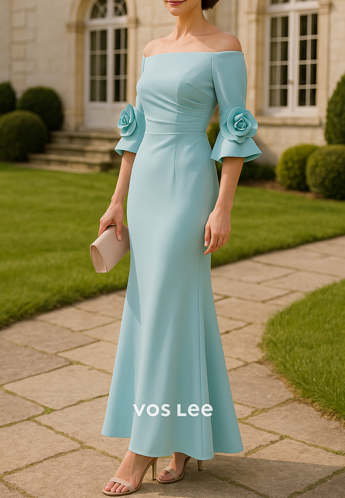 Bell Sleeves Off the Shoulder Flowers Embellished Mermaid Mother of Bride Dresses