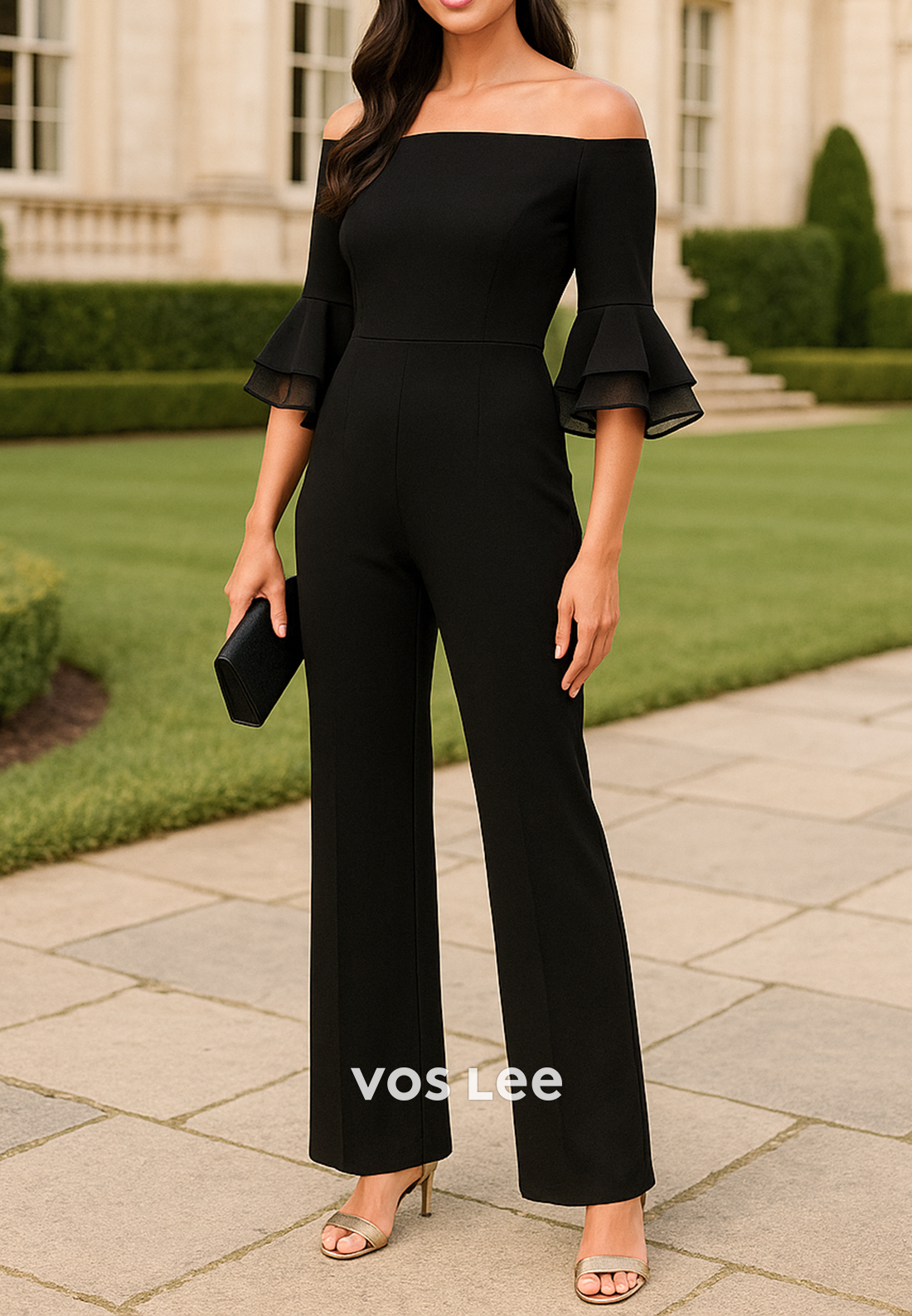 Couture & Ornate Bell Sleeves Off the Shoulder Pleated Mother of Bride Jumpsuit