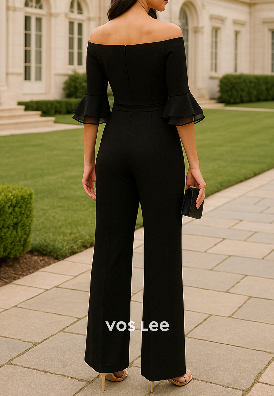 Couture & Ornate Bell Sleeves Off the Shoulder Pleated Mother of Bride Jumpsuit