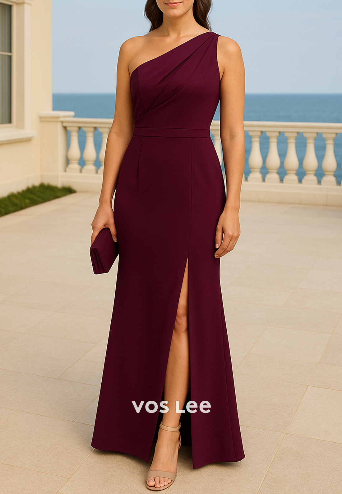 One Shoulder Floor-Length Pleated Mermaid Mother of Bride Dresses with High Split