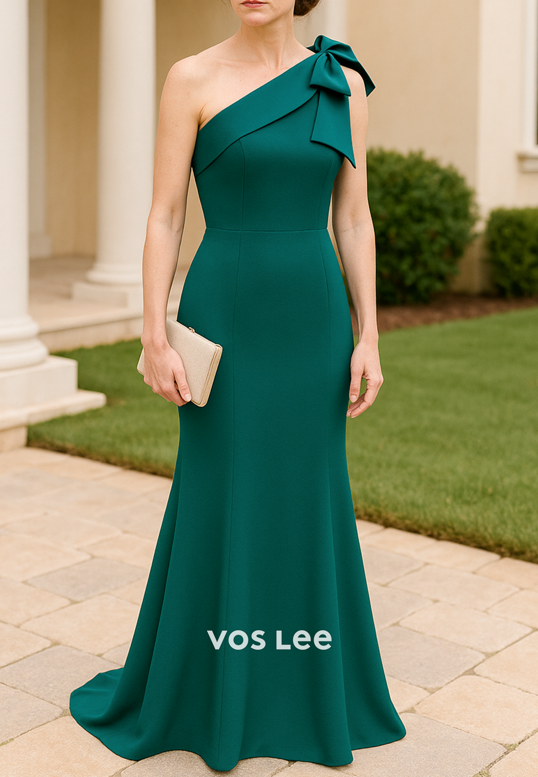Classic One Shoulder Bowknot Pleated Mother of Bride Dresses with Sweep Train