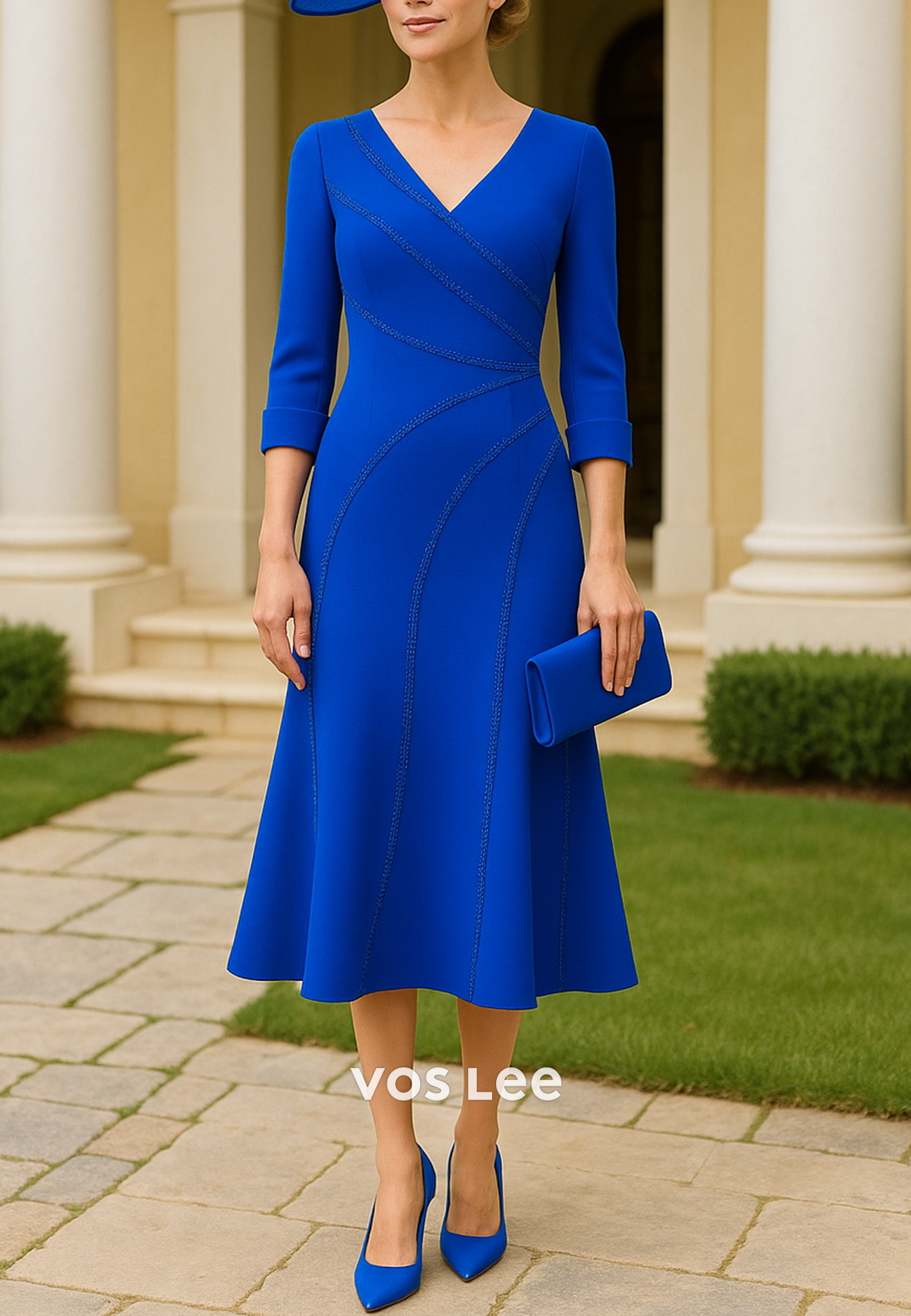 Royal Blue A-Line 3/4 Sleeve V Neck Tea-Length Pleated Mother of Bride Dresses