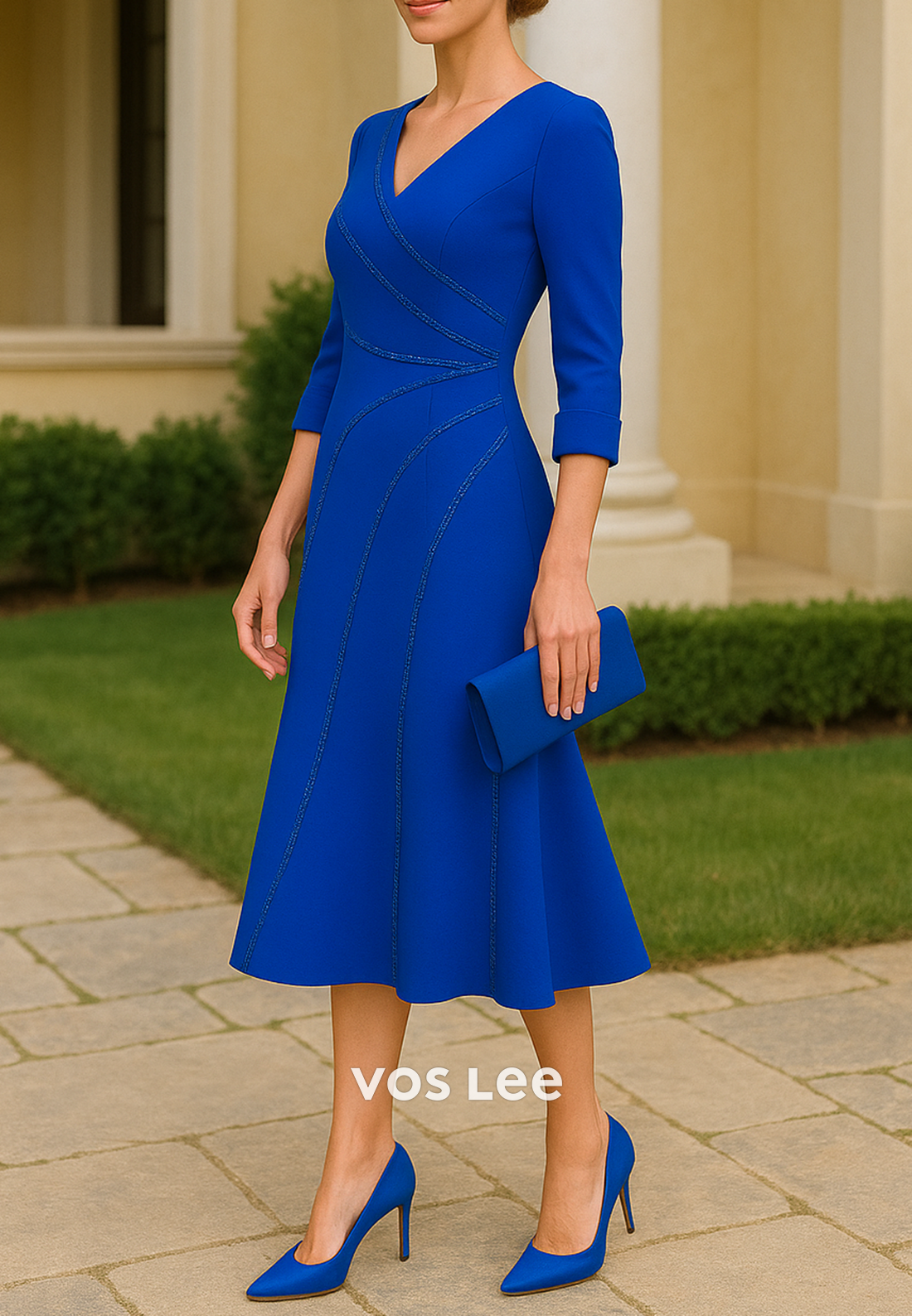 Royal Blue A-Line 3/4 Sleeve V Neck Tea-Length Pleated Mother of Bride Dresses