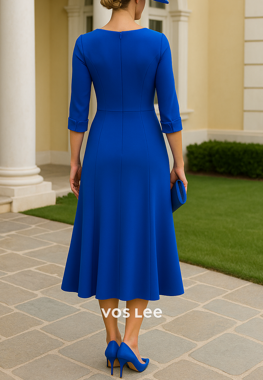 Royal Blue A-Line 3/4 Sleeve V Neck Tea-Length Pleated Mother of Bride Dresses