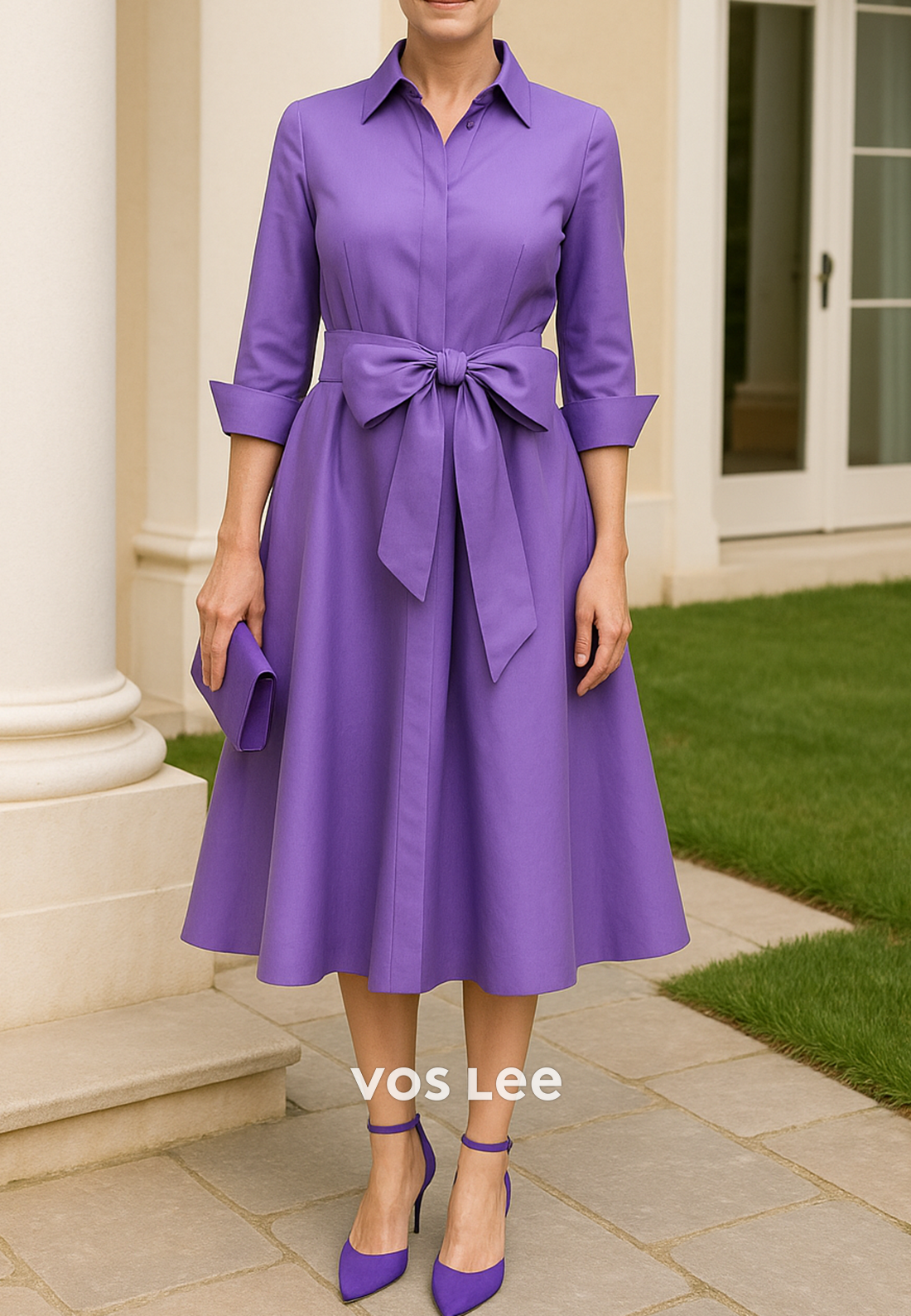 A-Line 3/4 Sleeve V Neck Bowknot Tea-Length Pleated Mother of Bride Dresses
