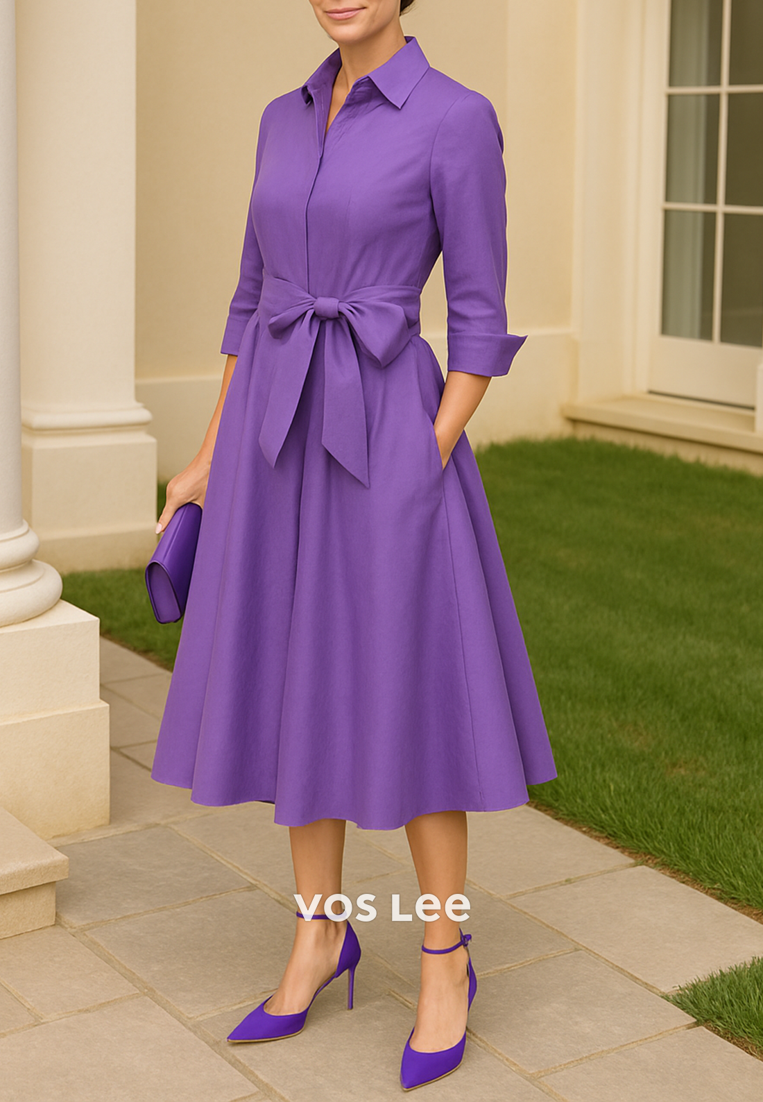 A-Line 3/4 Sleeve V Neck Bowknot Tea-Length Pleated Mother of Bride Dresses