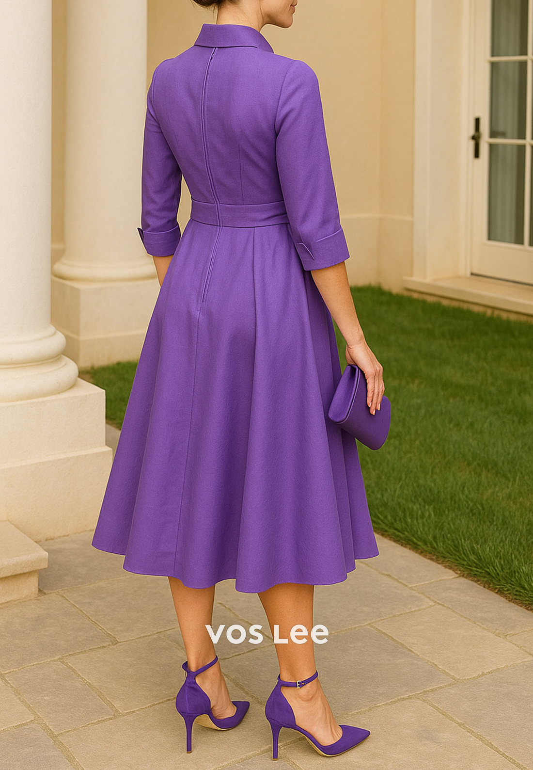 A-Line 3/4 Sleeve V Neck Bowknot Tea-Length Pleated Mother of Bride Dresses