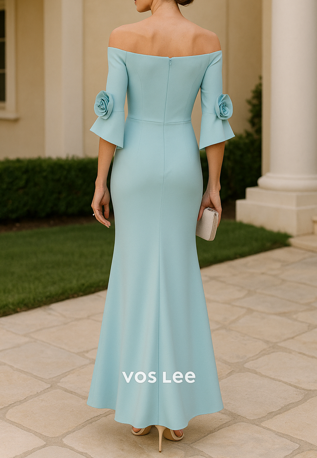 Bell Sleeves Off the Shoulder Flowers Ankle-Length Mermaid Mother of Bride Dresses