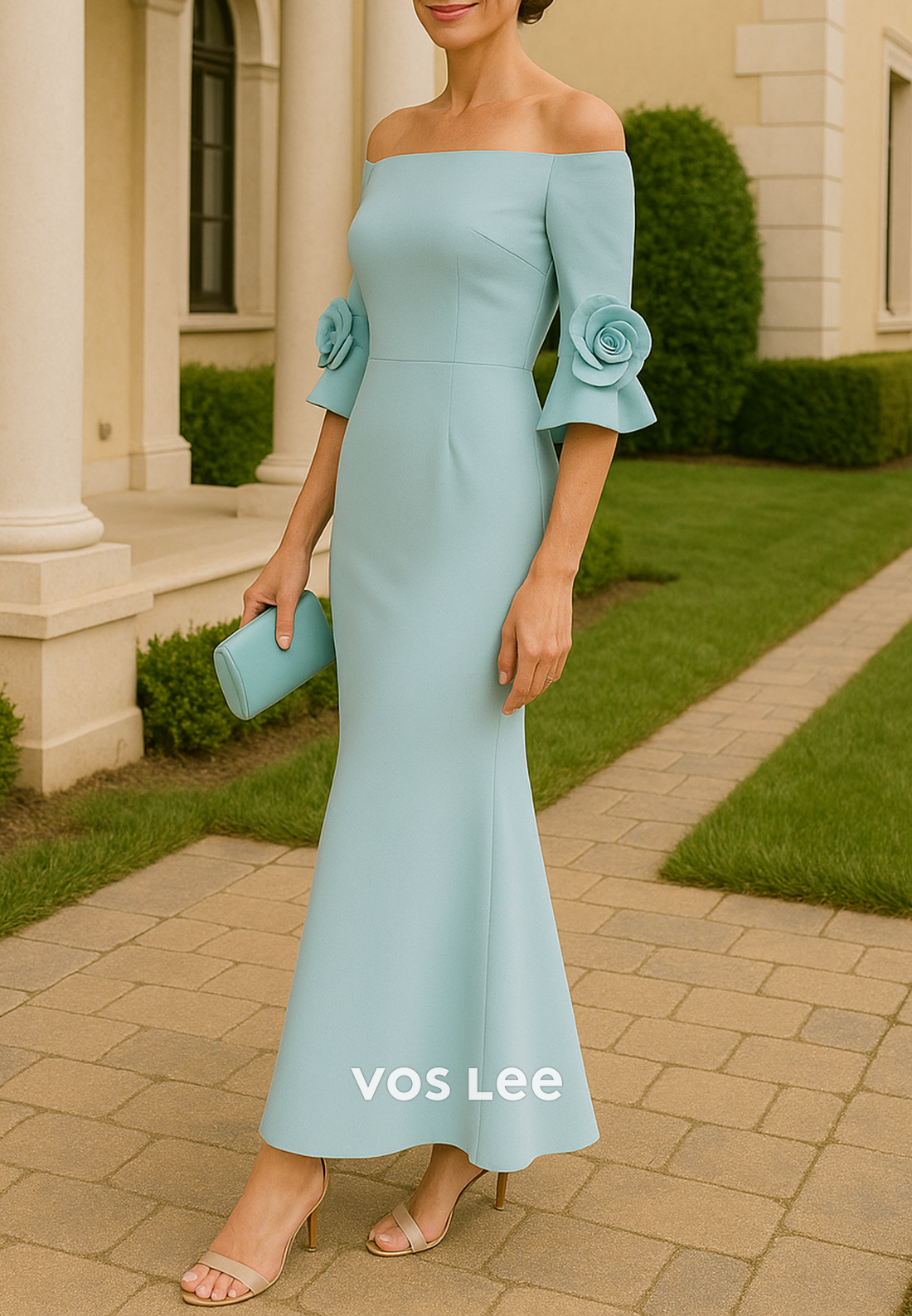 Bell Sleeves Off the Shoulder Flowers Ankle-Length Mermaid Mother of Bride Dresses