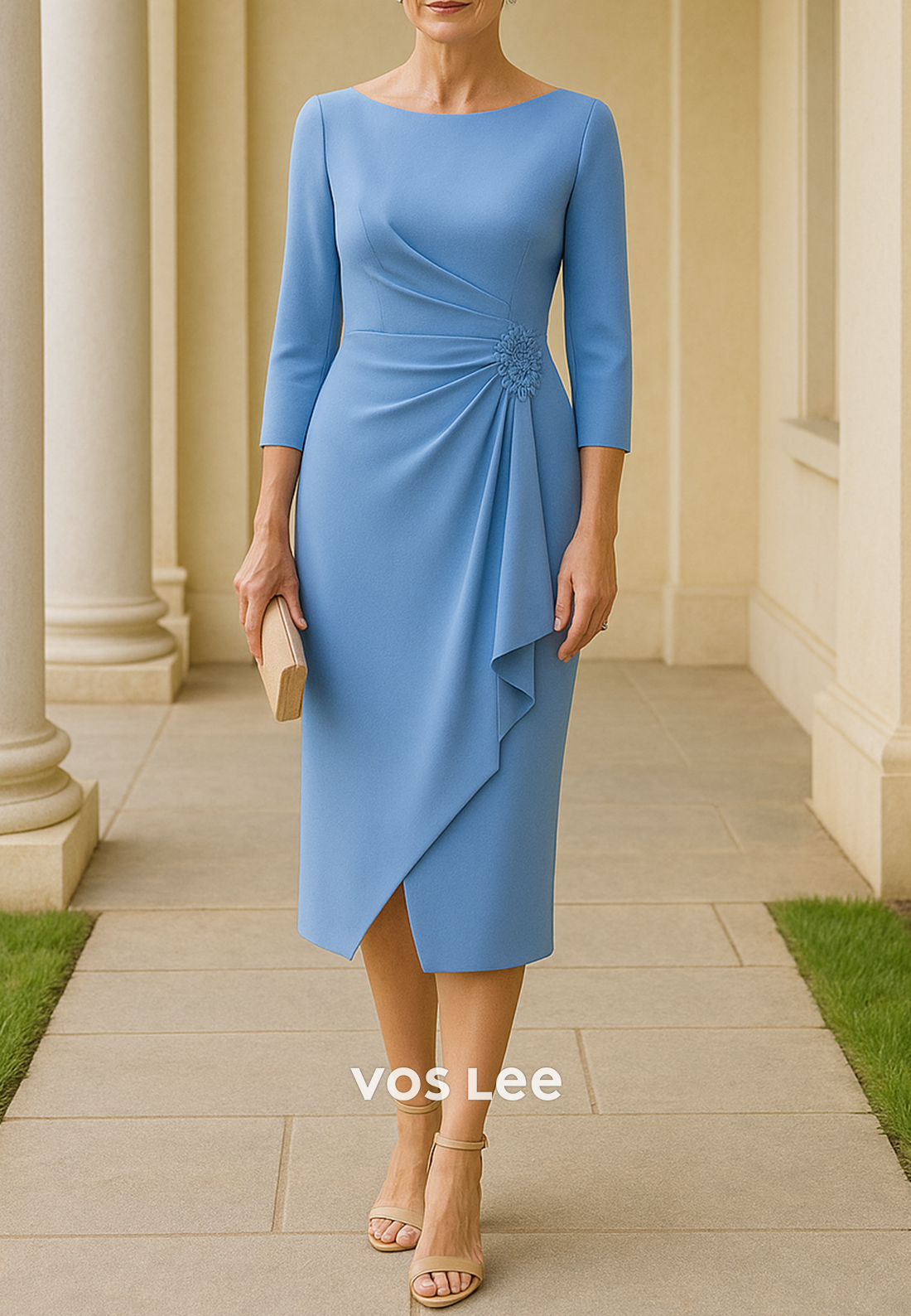 Simple 3/4 Sleeve Scoop Tea-Length Ruched Mermaid Mother of Bride Dresses
