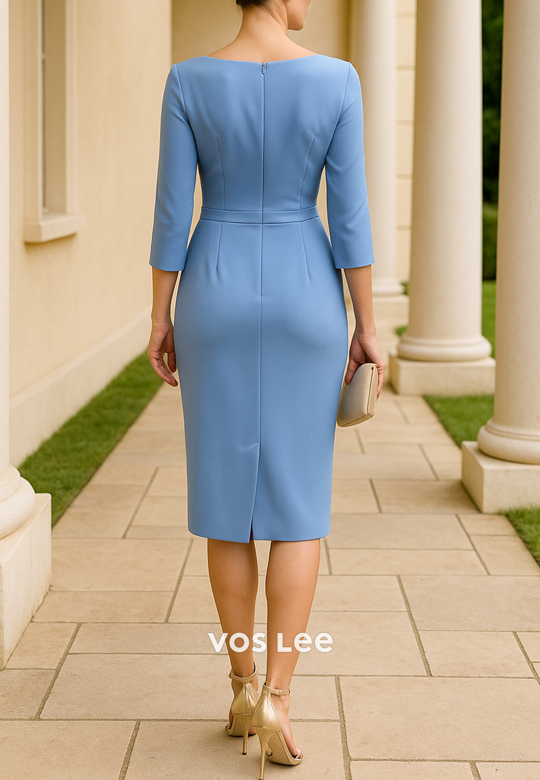 Simple 3/4 Sleeve Scoop Tea-Length Ruched Mermaid Mother of Bride Dresses