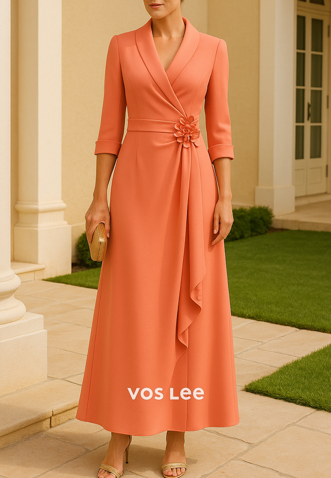 A-Line 3/4 Sleeve V Neck Floral Embossed Floor-Length Mother of Bride Dresses