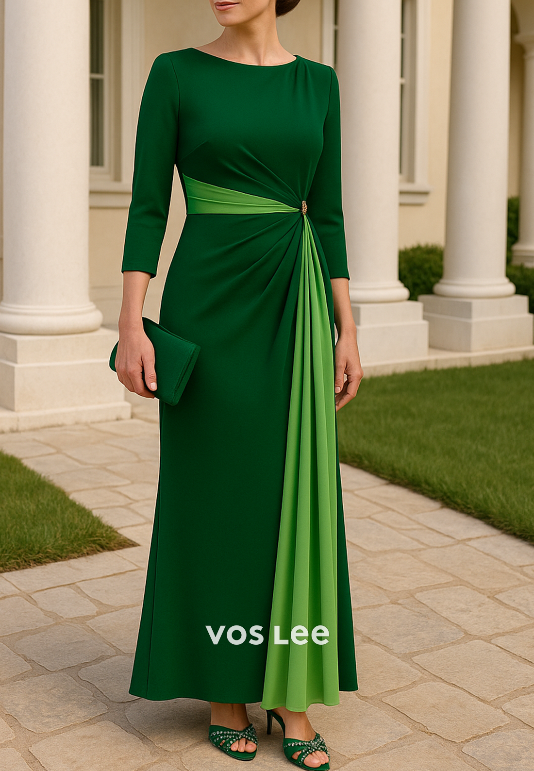 Classic 3/4 Sleeve Scoop Floor-Length Pleated Sheath Mother of Bride Dresses