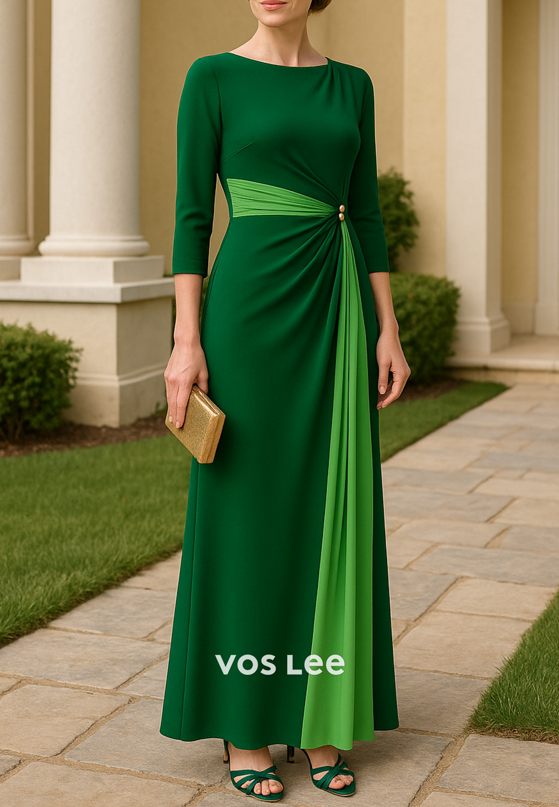Classic 3/4 Sleeve Scoop Floor-Length Pleated Sheath Mother of Bride Dresses