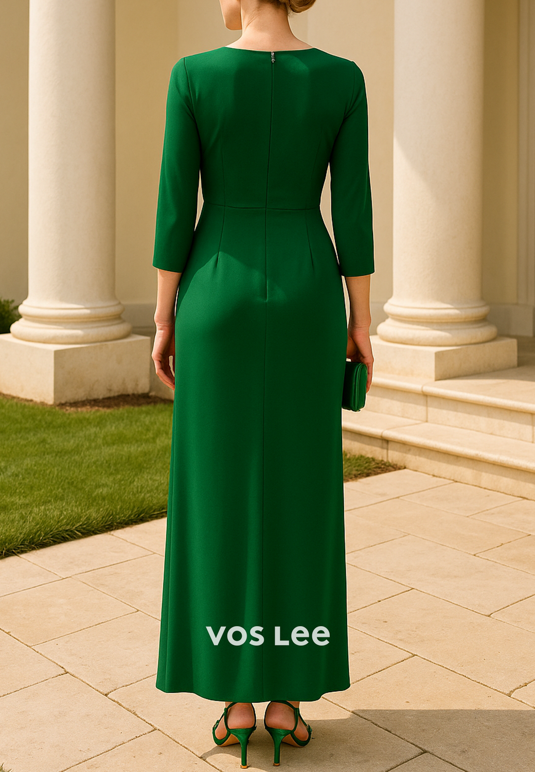 Classic 3/4 Sleeve Scoop Floor-Length Pleated Sheath Mother of Bride Dresses