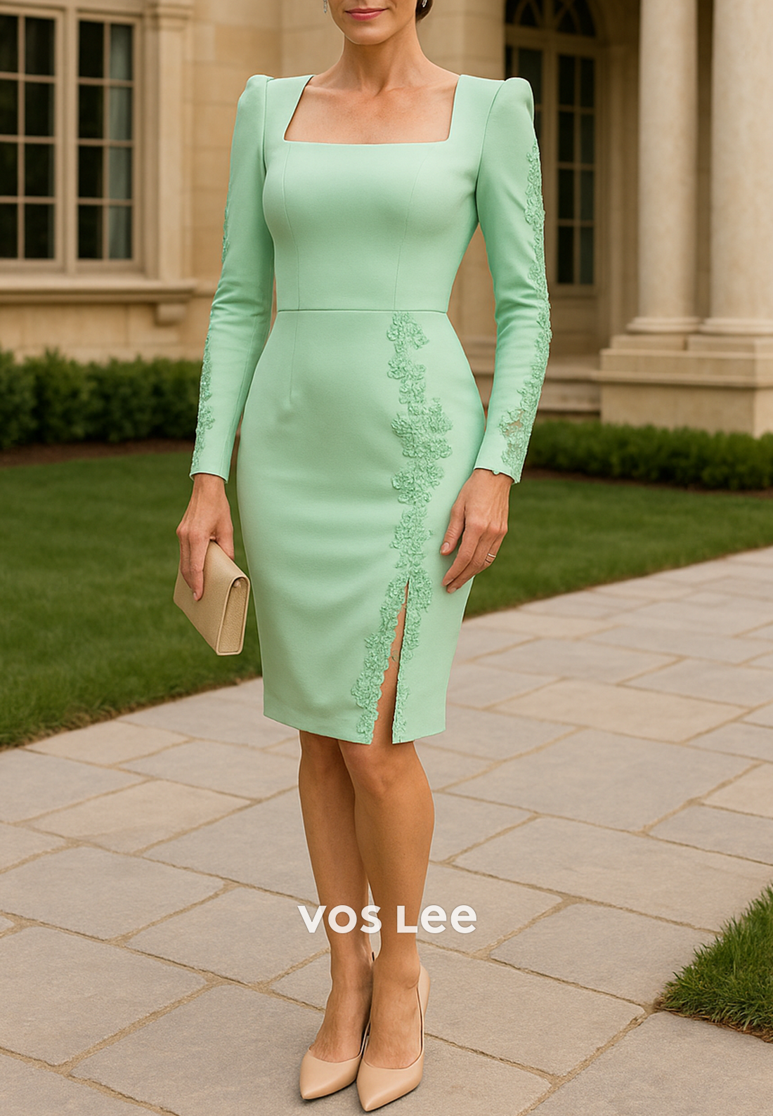 Long Sleeve Square Appliques Lace Knee-Length Mermaid Mother of Bride Dresses