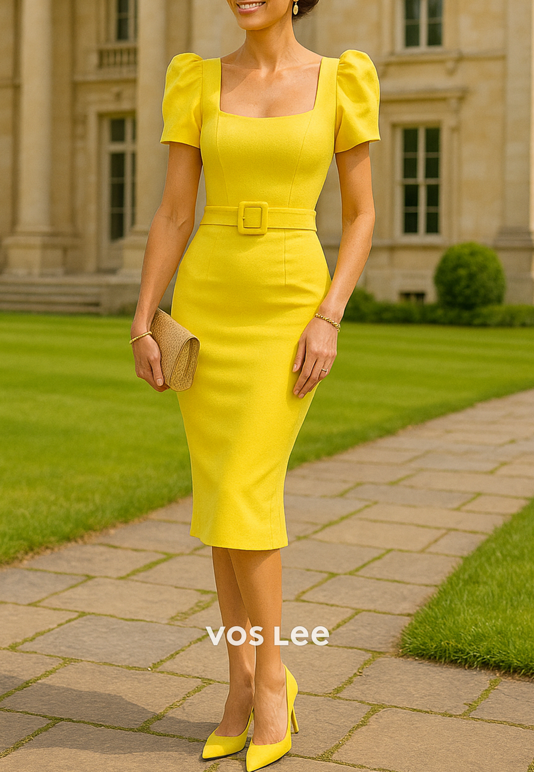 Couture & Ornate Short Sleeve Square Tea-Length Mermaid Mother of Bride Dresses