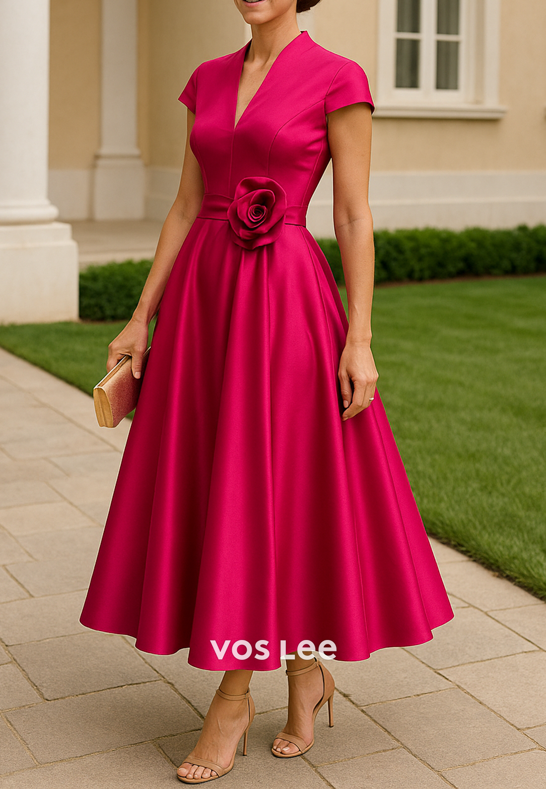 A-Line Short Sleeve V Neck Floral Embossed Pleated Mother of Bride Dresses