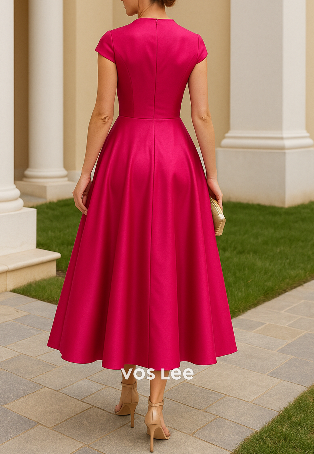 A-Line Short Sleeve V Neck Floral Embossed Pleated Mother of Bride Dresses