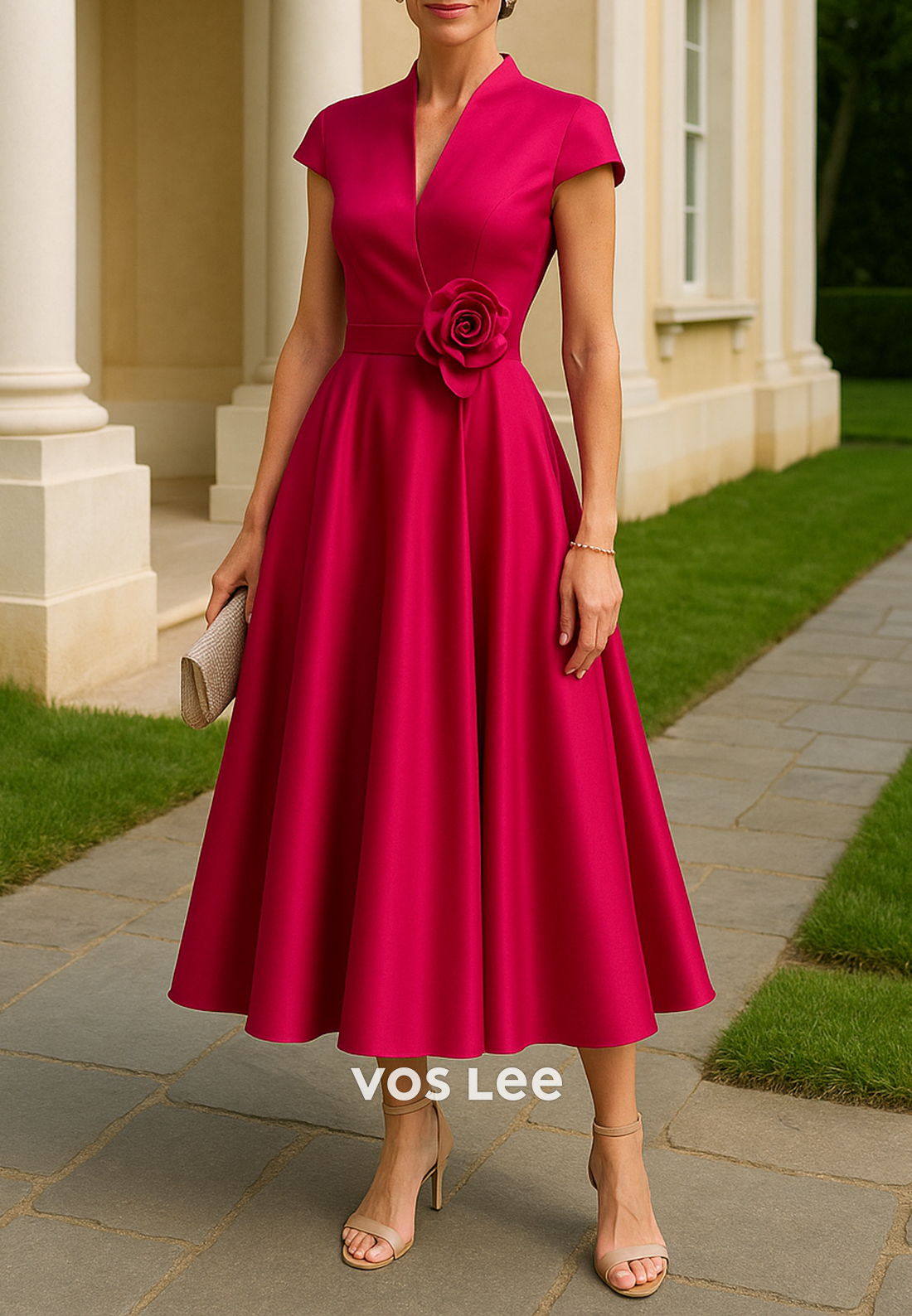A-Line Short Sleeve V Neck Floral Embossed Pleated Mother of Bride Dresses