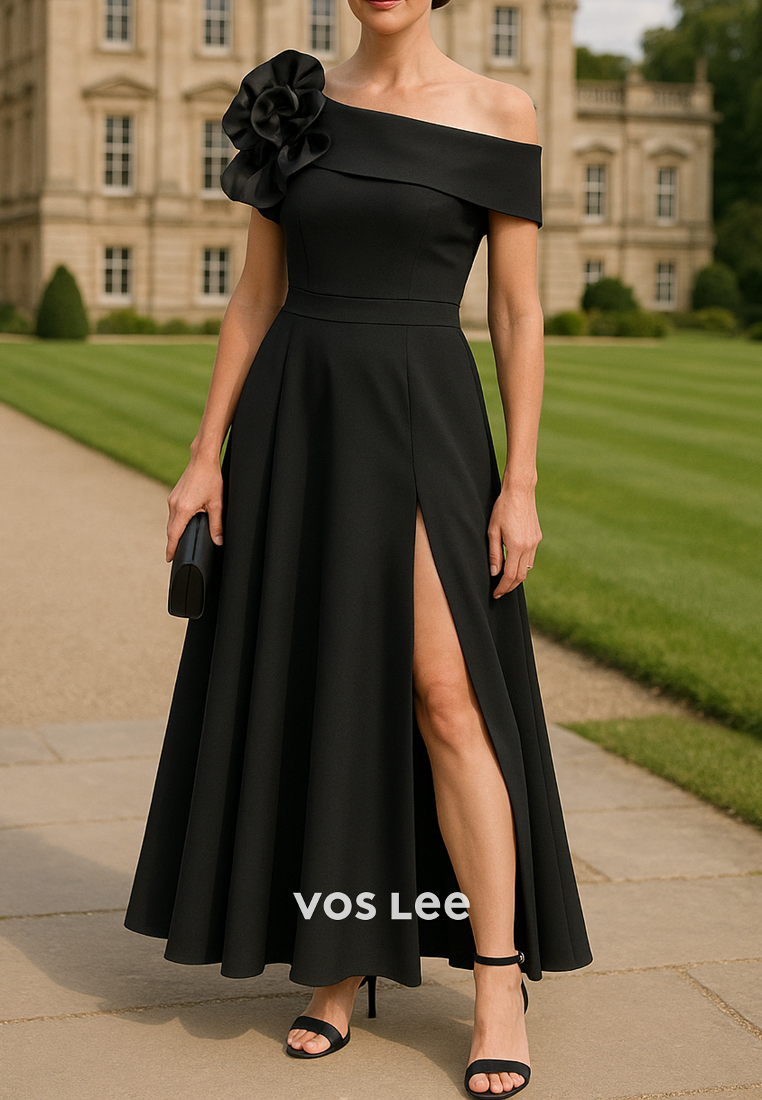 A-Line Asymmetrical Neck Floral Embossed Mother of Bride Dresses with High Split