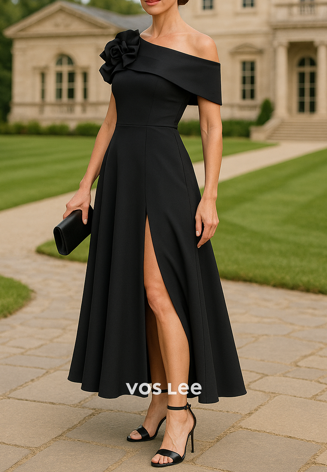 A-Line Asymmetrical Neck Floral Embossed Mother of Bride Dresses with High Split