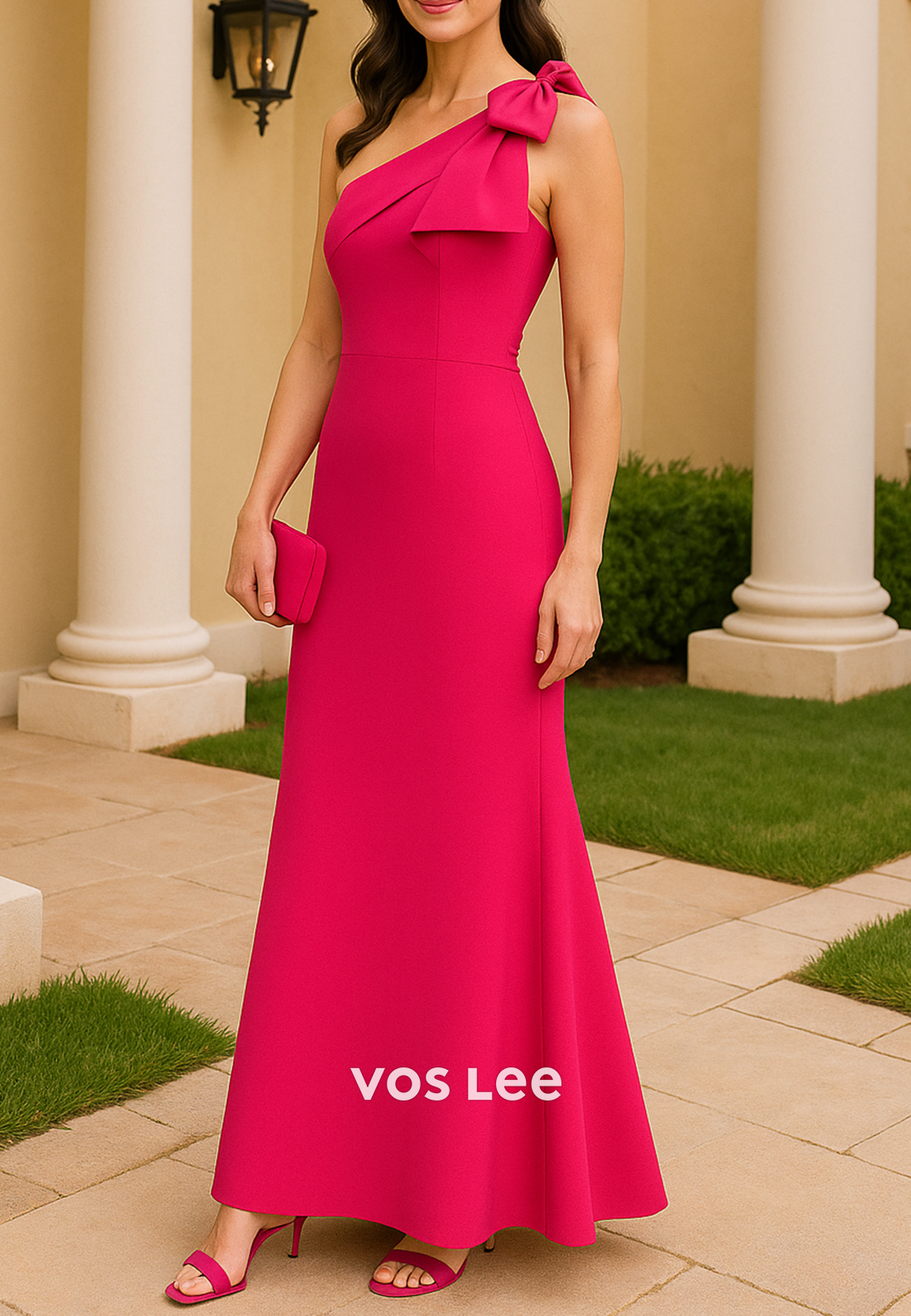 One Shoulder Bowknot Floor-Length Pleated Sheath Mother of Bride Dresses