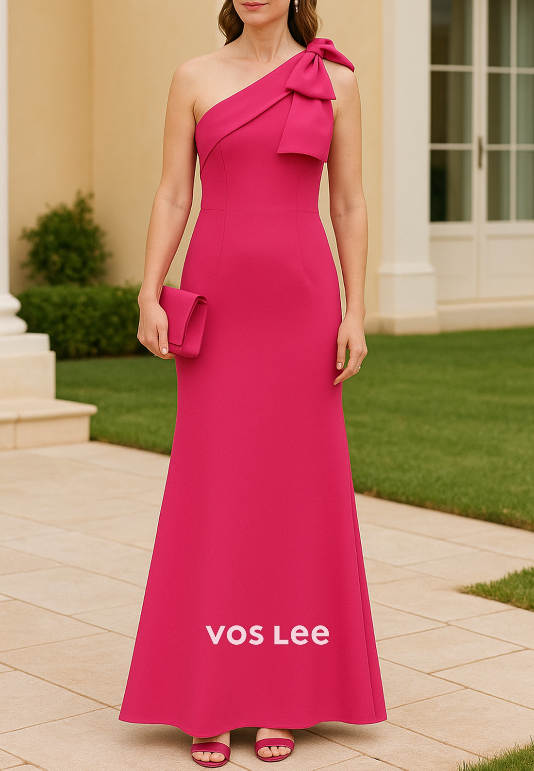 One Shoulder Bowknot Floor-Length Pleated Sheath Mother of Bride Dresses