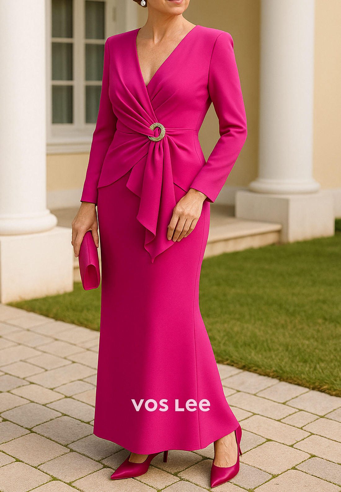 Simple A-Line Long Sleeve V Neck Ankle-Length Pleated Mother of Bride Dresses