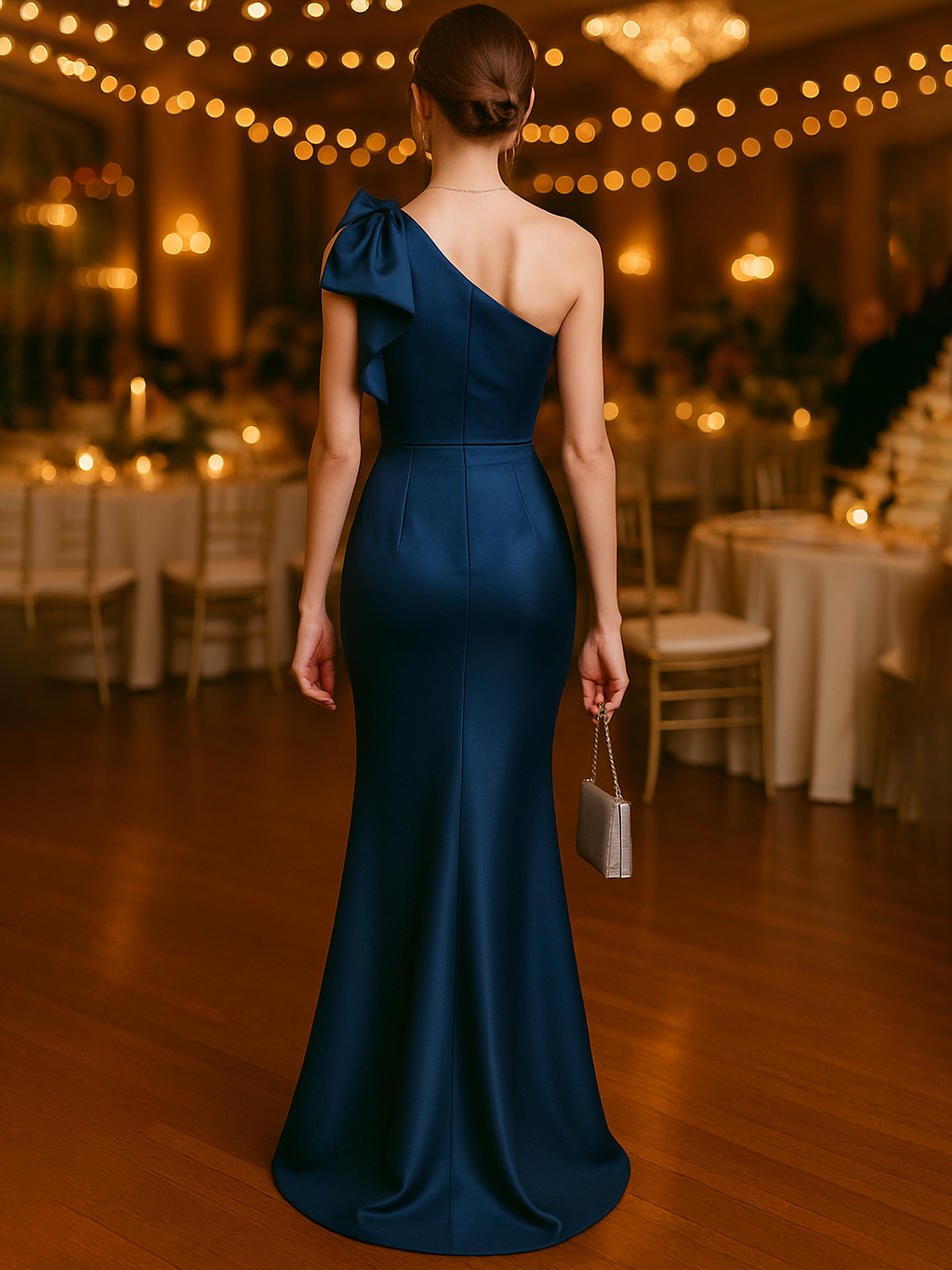 Elegant Bow Detail One-Shoulder Maxi Satin Dress