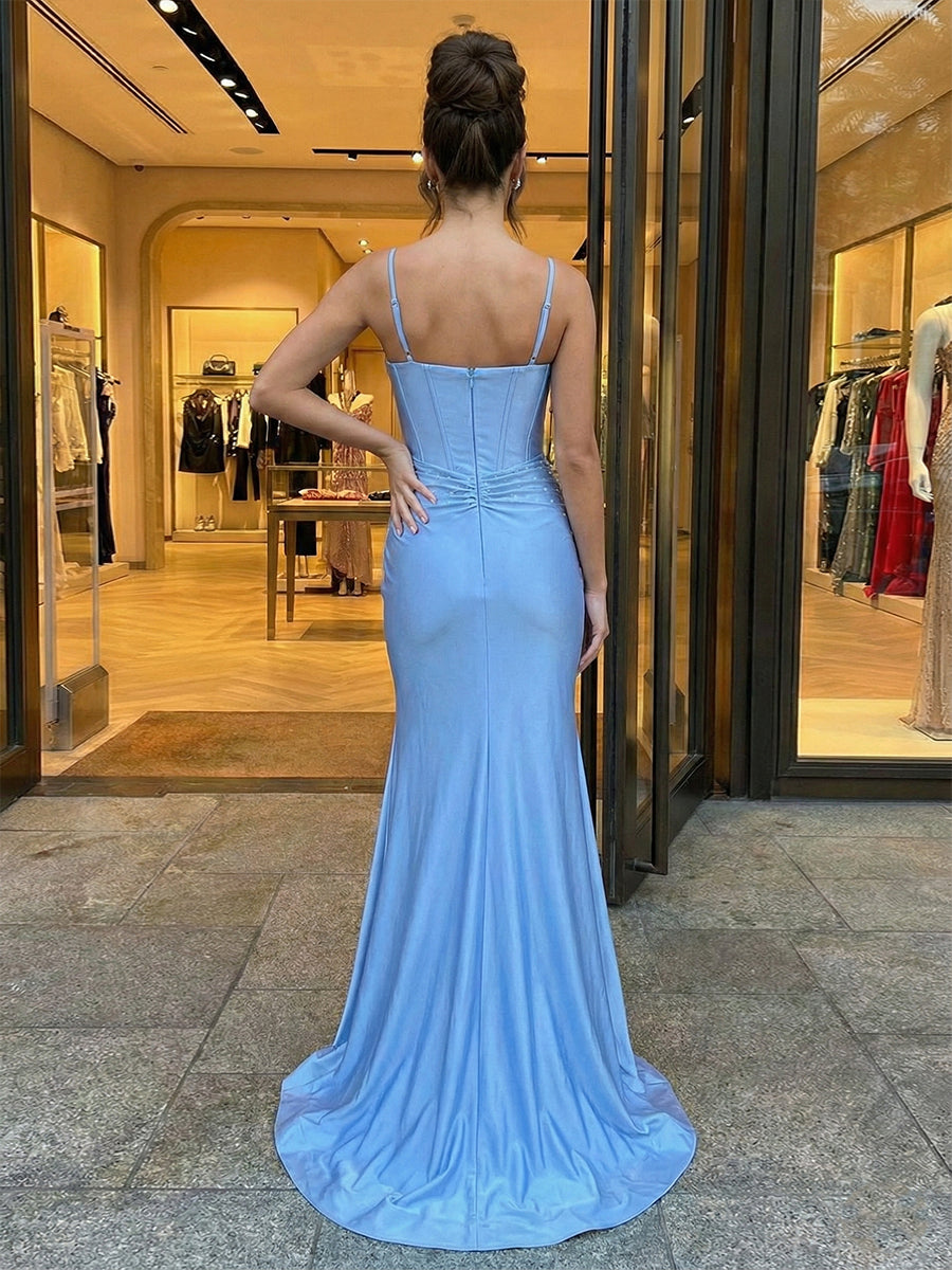 Chic Light Blue Satin Corset Slit Prom Dress with Keyhole
