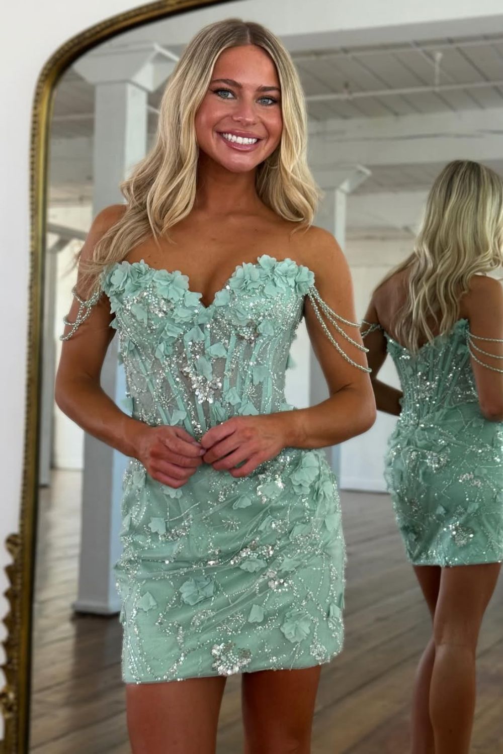 Gorgeous Sheath Off the Shoulder Mint Green Corset Homecoming Dress with Appliques