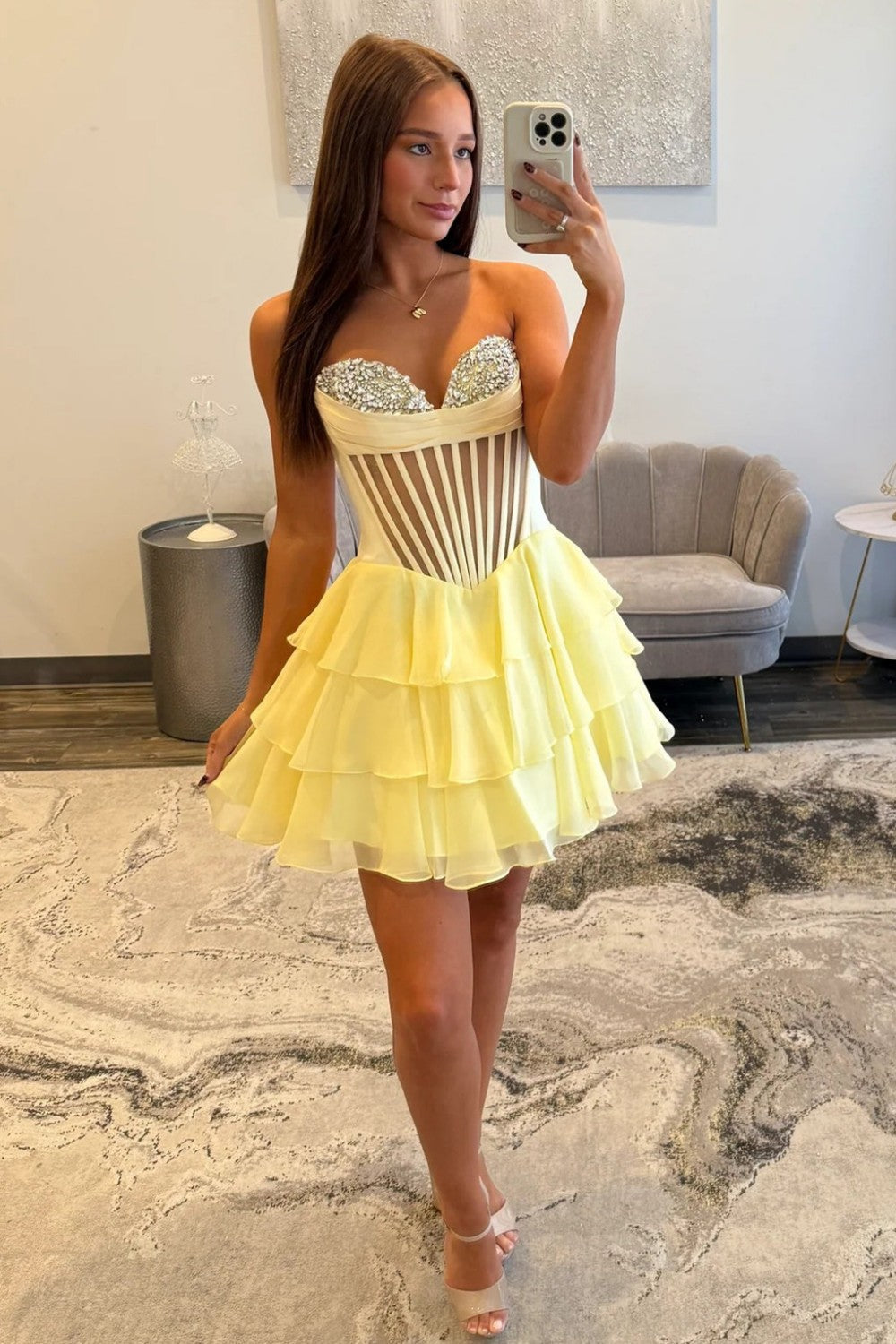 Cute A Line Sweetheart Yellow Corset Homecoming Dress with Beading Ruffles