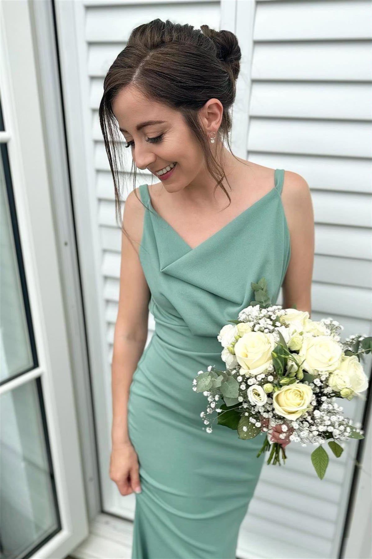 Cowl Neck Blush Pink Sheath Bridesmaid Dress