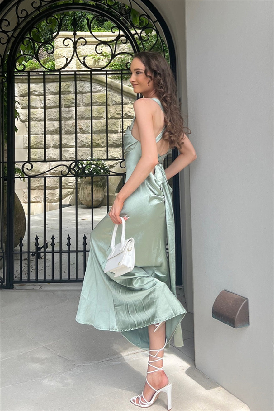 Cowl Neck Sage Green Sheath Satin Bridesmaid Dress