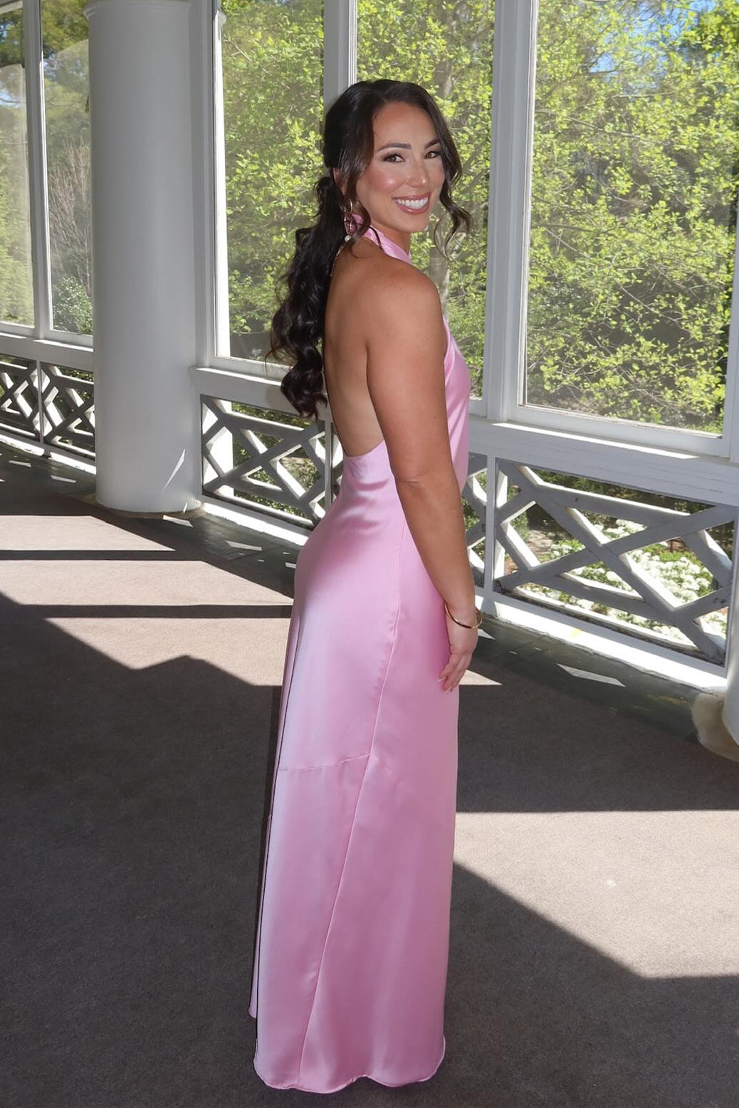 Cross Halter Pink Open Back Bridesmaid Dress