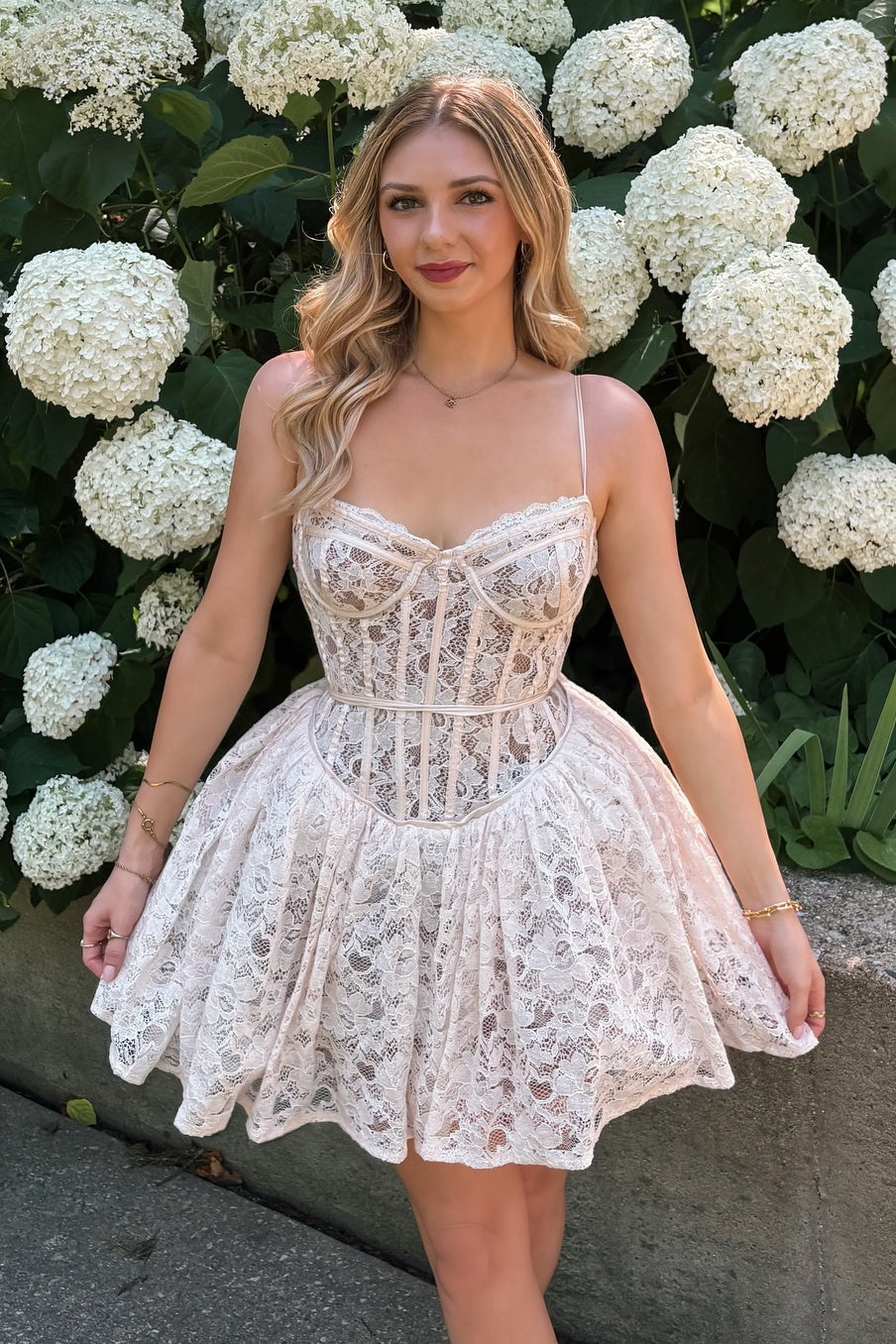 Cute A Line Spaghetti Straps White Lace Short Homecoming Dress with Ruffles