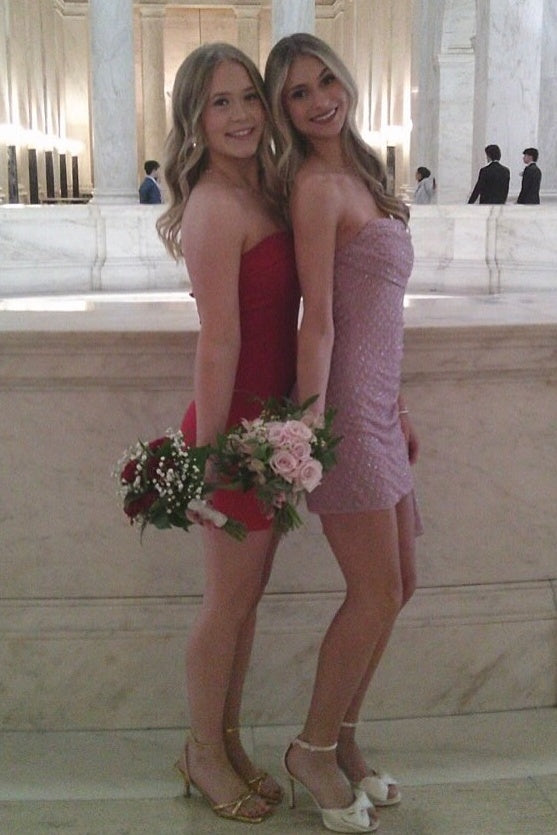 Cute Sheath Strapless Pink Short Homecoming Dress with Ruffles