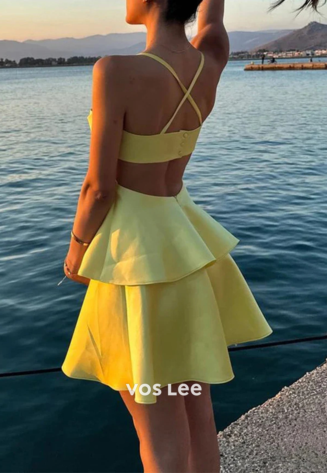 A-Line Spaghetti Straps Square Tiered Pleated Homecoming Dresses