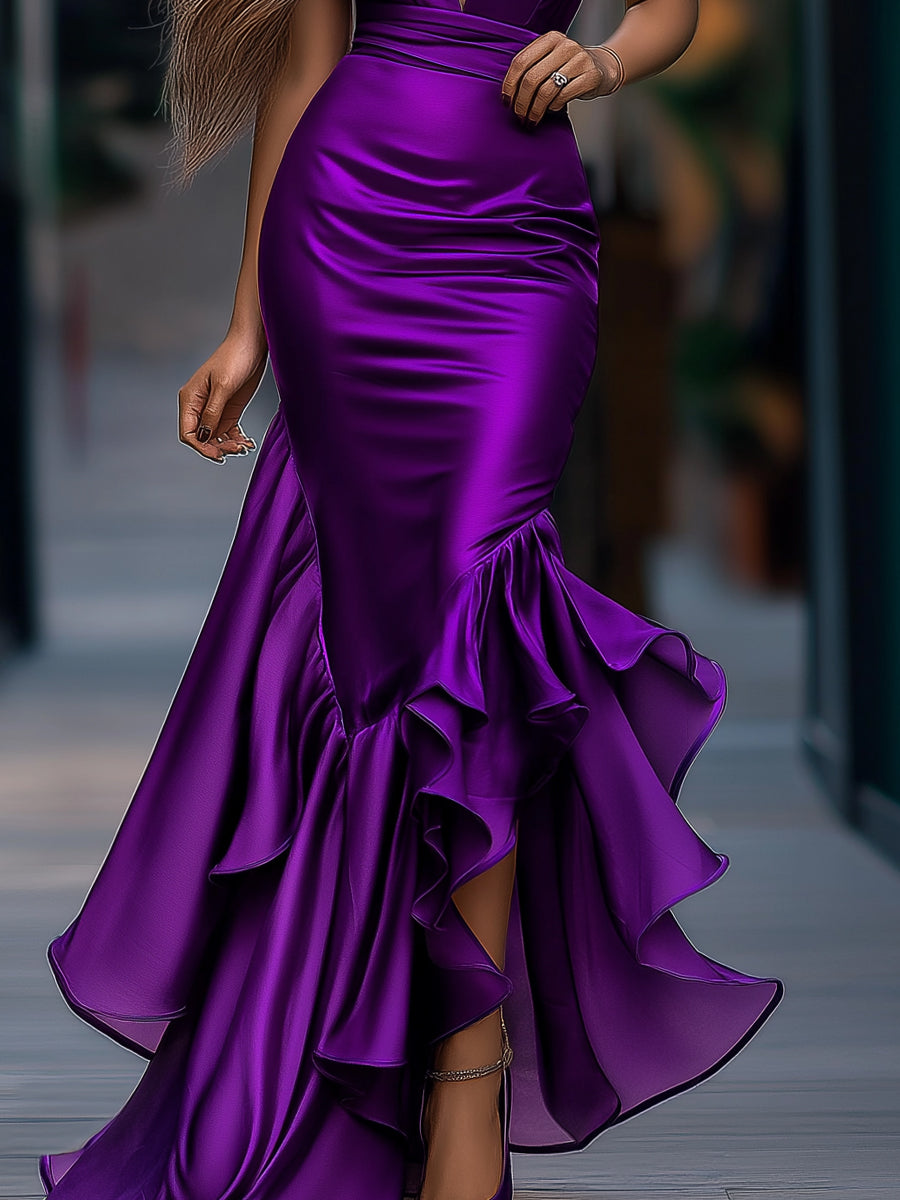Radiant Purple Ruffle Satin Mermaid Gown