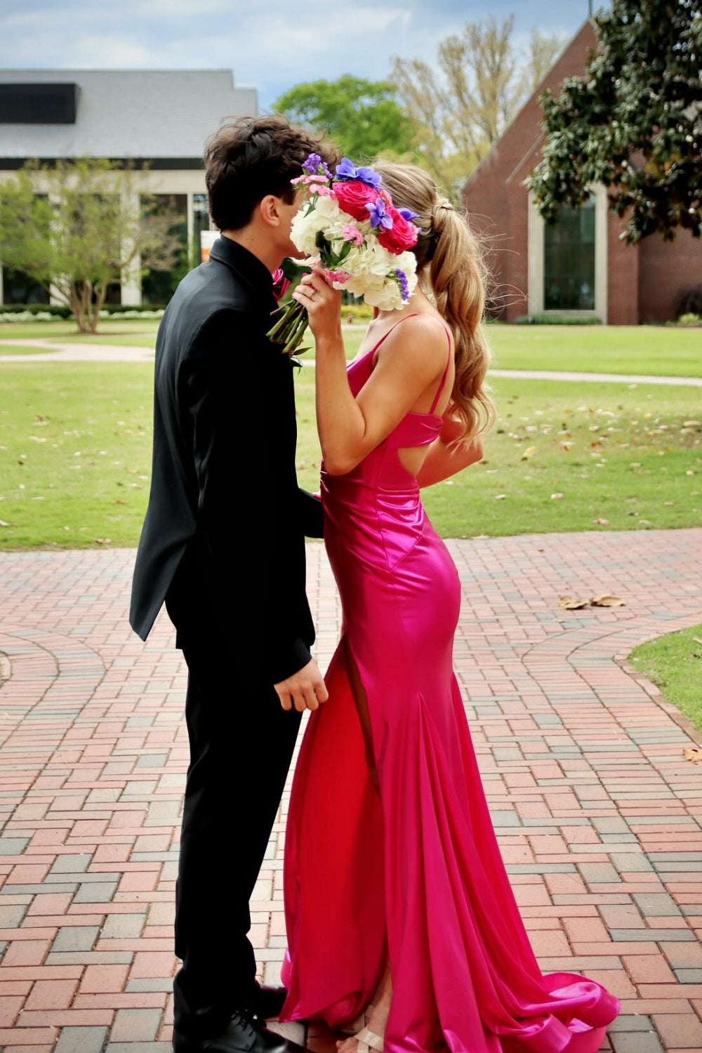 Spaghetti Strap Fuchsia Mermaid Hollowed-out Dress with Side Slit