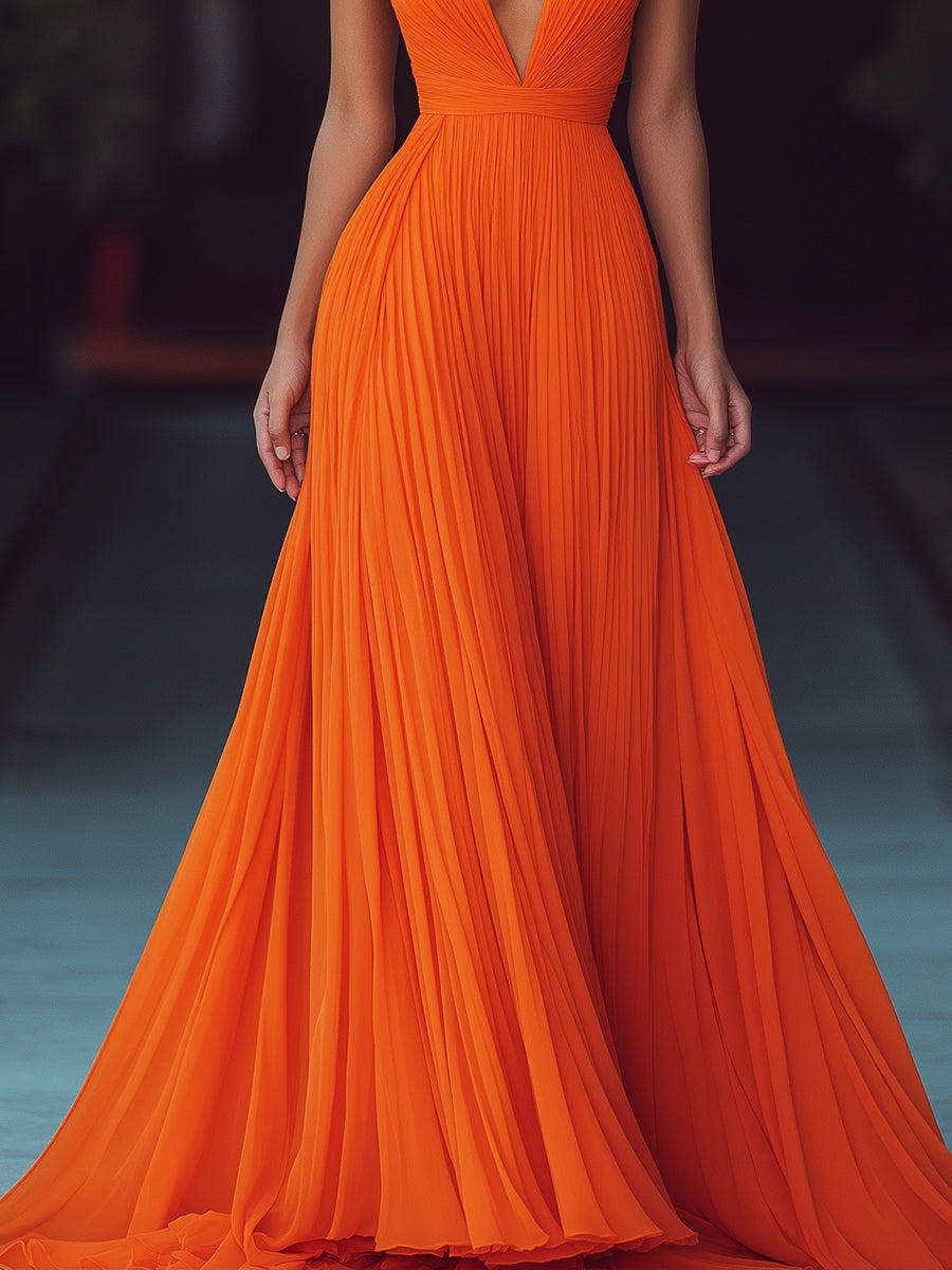 V-neck Halter Pleat Maxi Dress Wedding Guest Dresses