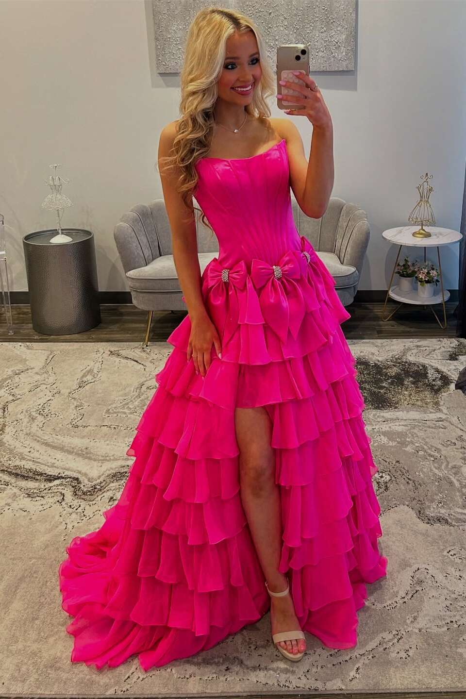 Strapless Yellow A-line Ruffle Formal Dress with Bows