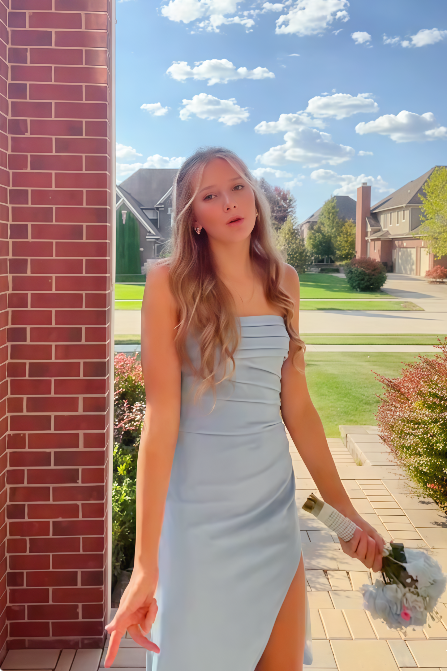 Strapless Pink Fitted Frill Slit Party Dress