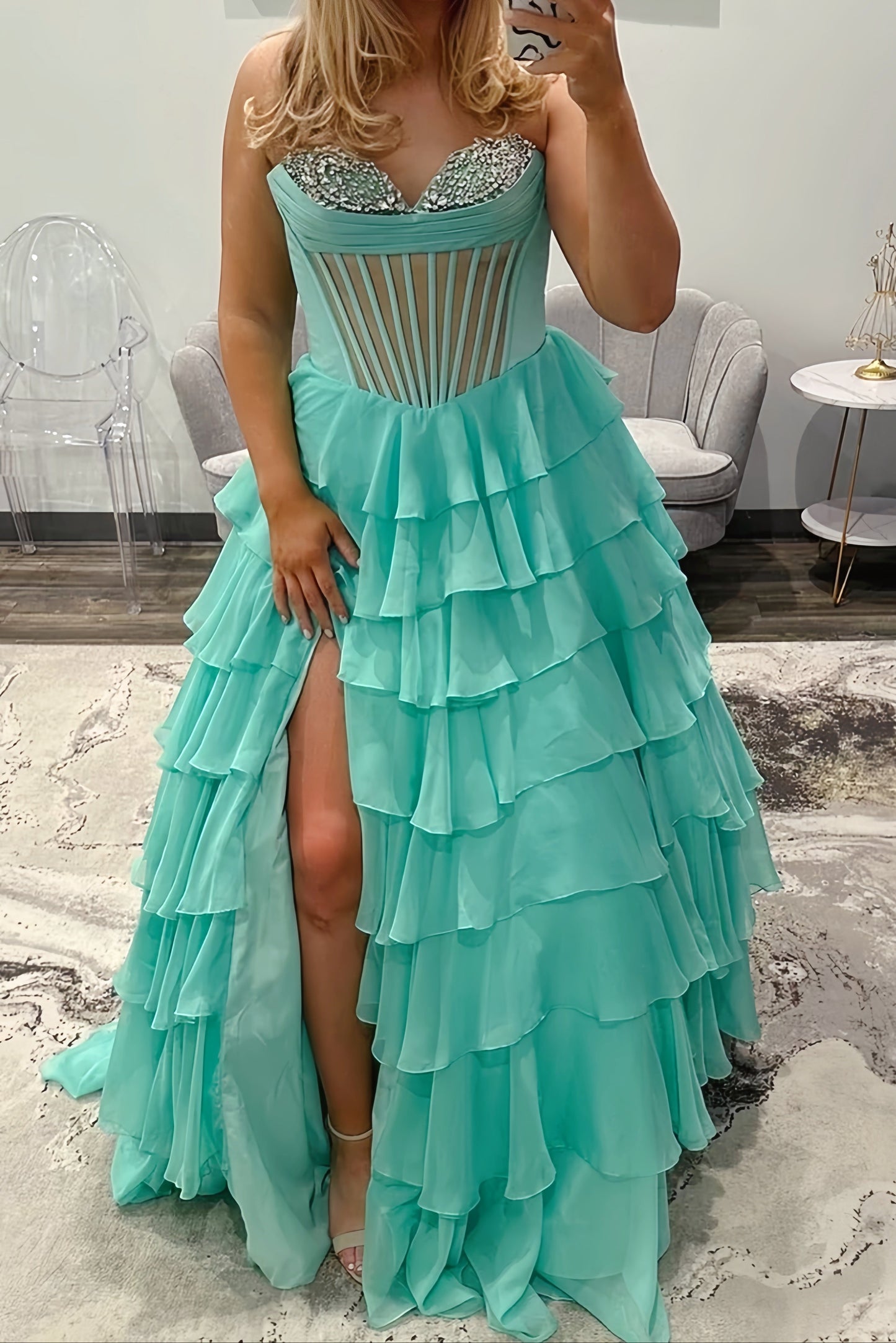 Cyan Rhinestone Side Slit Long Ruffle Dress