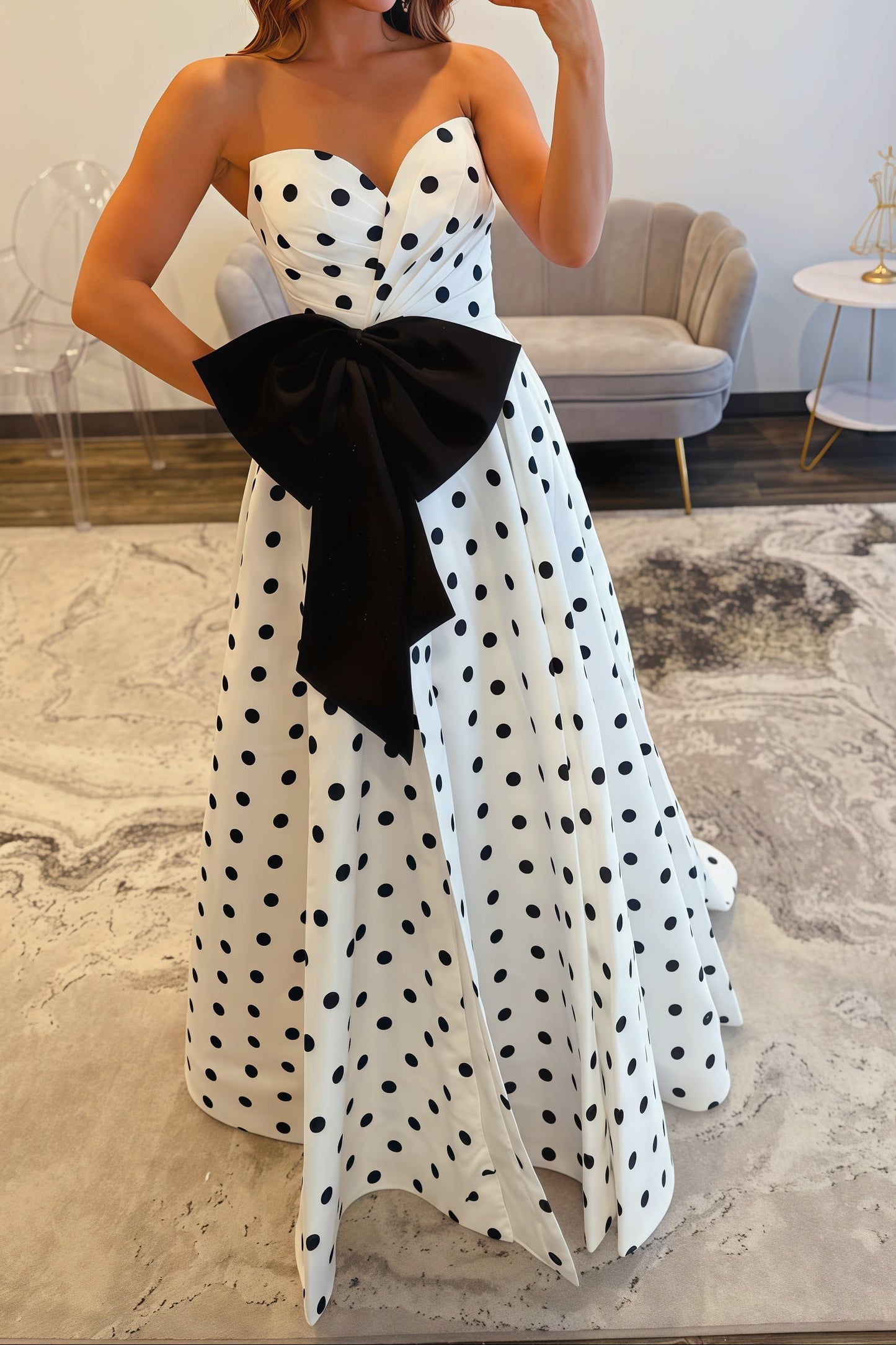 Sweetheart Bow White Polka Dot Dress