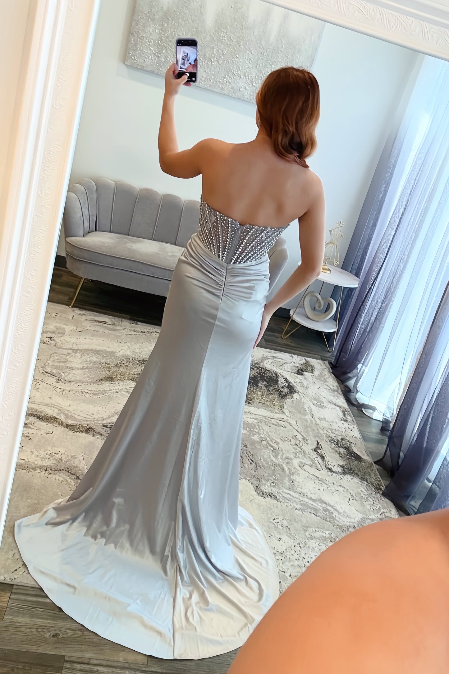 Silver Strapless Beaded Mermaid Prom Dress
