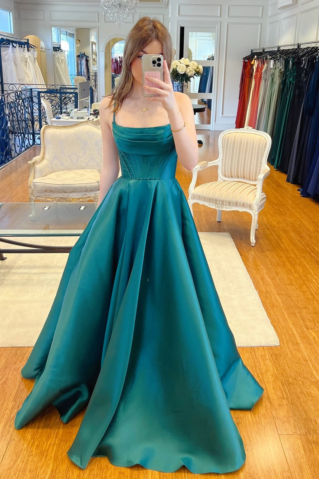 Light Blue Satin Spaghetti-Strap A-Line Ball Gown