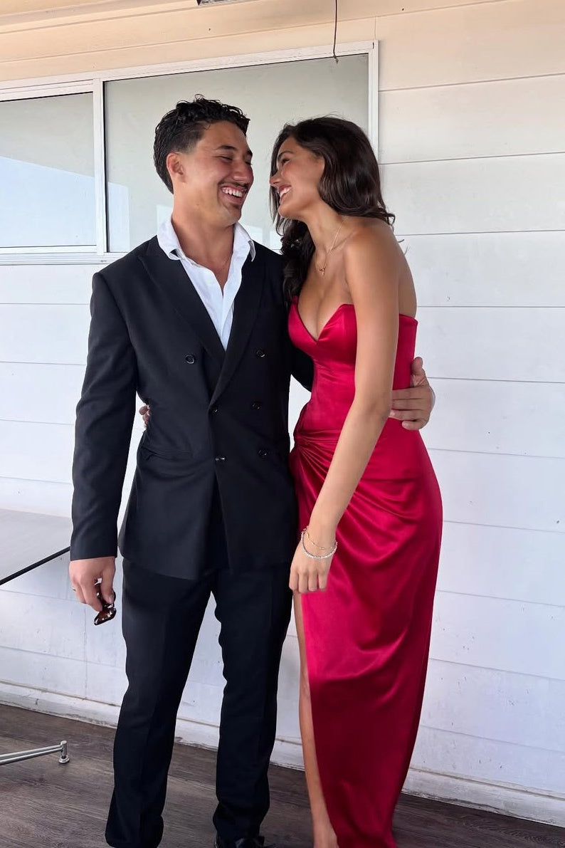 Sexy Red Strapless Sweetheart Fitted Satin Side Slit Long Dress