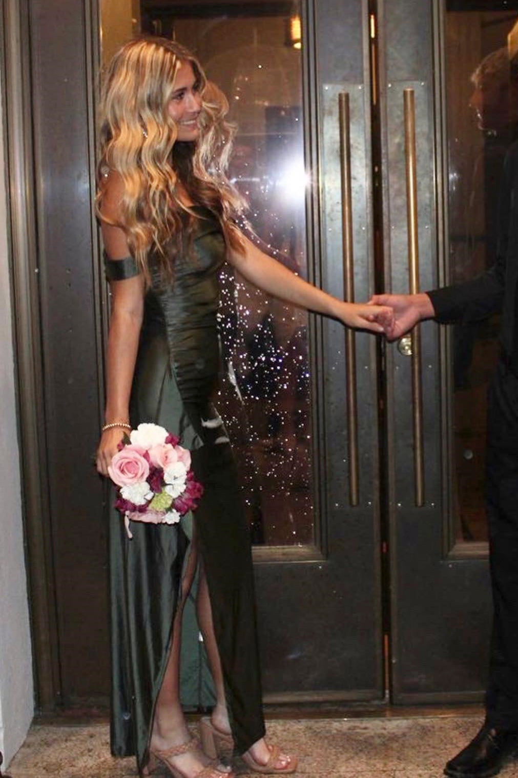Dark Green Off the Shoulder Frill Slit Long Dress